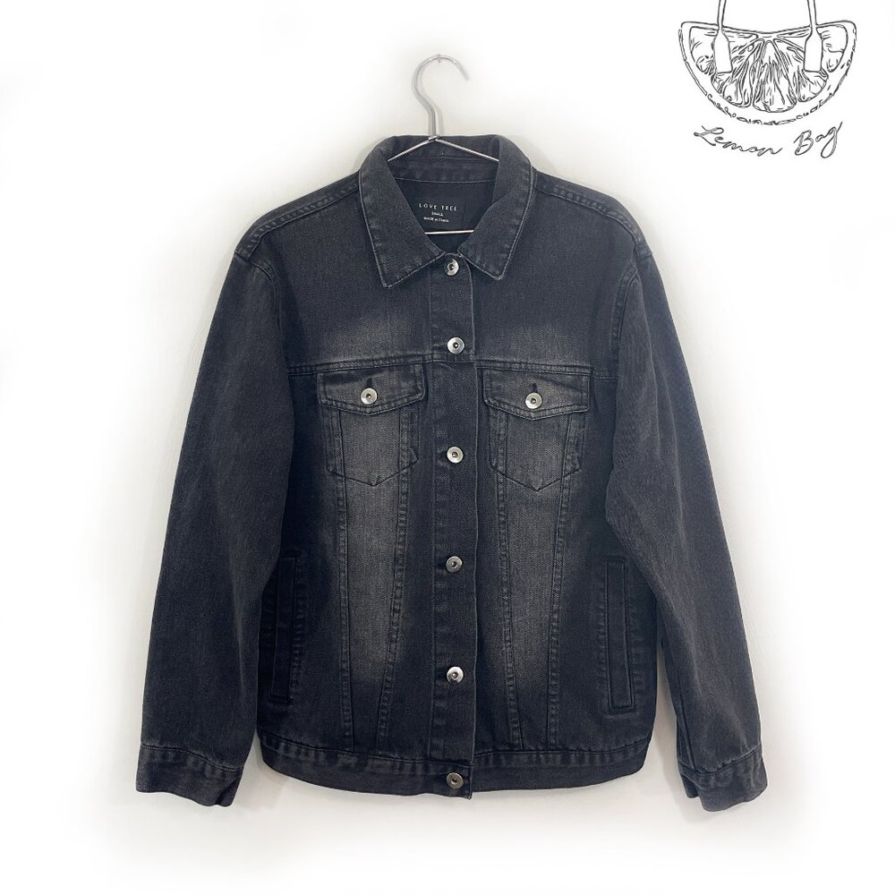 Love Tree / Jean Jacket Decor on the Back/ Black Grey / Size S - Picture 5 of 8